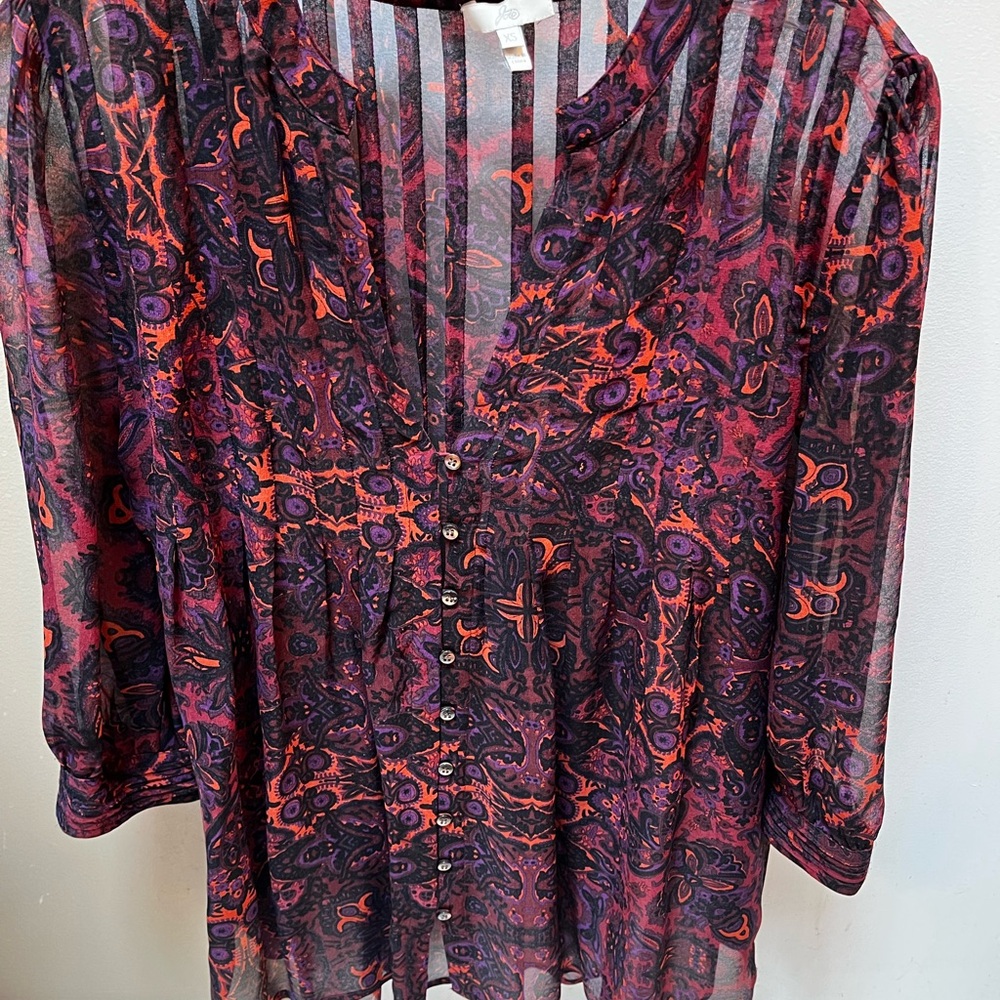 Joie XS Sheer Silk Blouse - Purple and Red Paisley